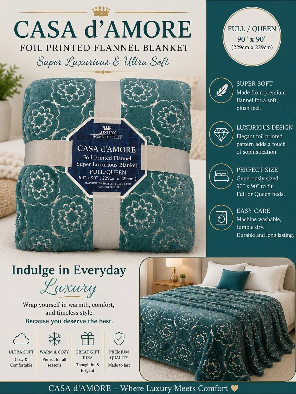 🩷. Teal Foil Printed Flannel Blanket - Full/Queen